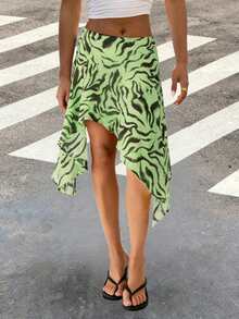 Women's Summer Bohemian Asymmetric Hem Knee-Length Skirt Vacation - Green - View 4