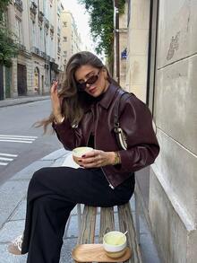 Camellia Noua toamnă/iarnă pentru femei Retro American Fashion Minimalist Lapel Closed Jacket din piele vișinie - Burgundia - Vizualizare 3