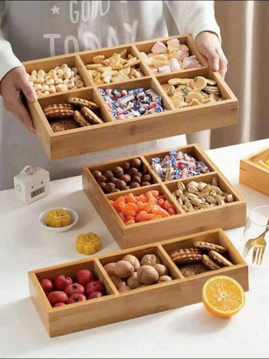 1 Set Wooden Tray With Compartments, Snack Box, Snacks, Cookies, Outdoor, Wooden Tray - Apricot - View 1