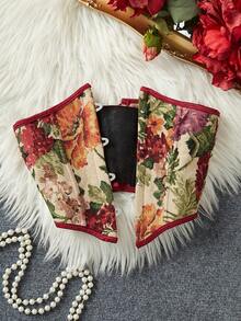 Vintage Red Floral Jacquard Corset Belt, Fishbone Waist Cincher Design, Buckle Support & Back Tie, Niche Countryside Style Layering Piece - The Flower Is Bright Red - View 7