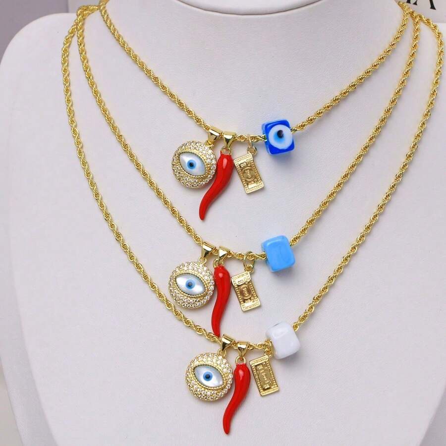 1件装蓝眼辣椒吊坠项链，土耳其眼睛护身符，手工制作，男士幸运礼物 - 時尚項鍊 - 查看 1