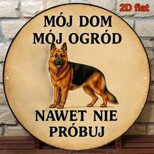 1个2D复古德国牧羊犬警示牌 - 耐用的8英寸圆形木质安全海报，波兰语文字和德国牧羊犬图案，复古装饰，适用于围栏、狗屋或农场 - 2D平面，预钻孔，尺寸如图所示 - 多色 - 查看 3