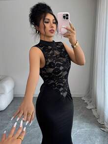 女士优雅性感长裙，收腰露背蝴蝶结设计，高端派对生日宴会蕾丝拼接连衣裙 - 黑色 - 查看 4