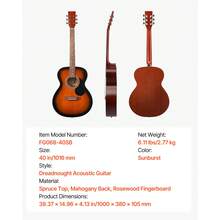Dreadnought Akustik Gitarre, 1016 mm, Akustische Gitarre Set mit Gigbag, Stimmgerät, Gurt, Stahlsaiten, Plektren, Kapodaster, Palisandergriffbrett, für Erwachsene, Sunburst - 1016 mm - Übersicht 7