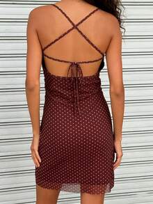 Đầm ngắn gợi cảm thời trang mùa hè in chấm bi hở lưng dây buộc dành cho nữ - màu nâu - Xem 6