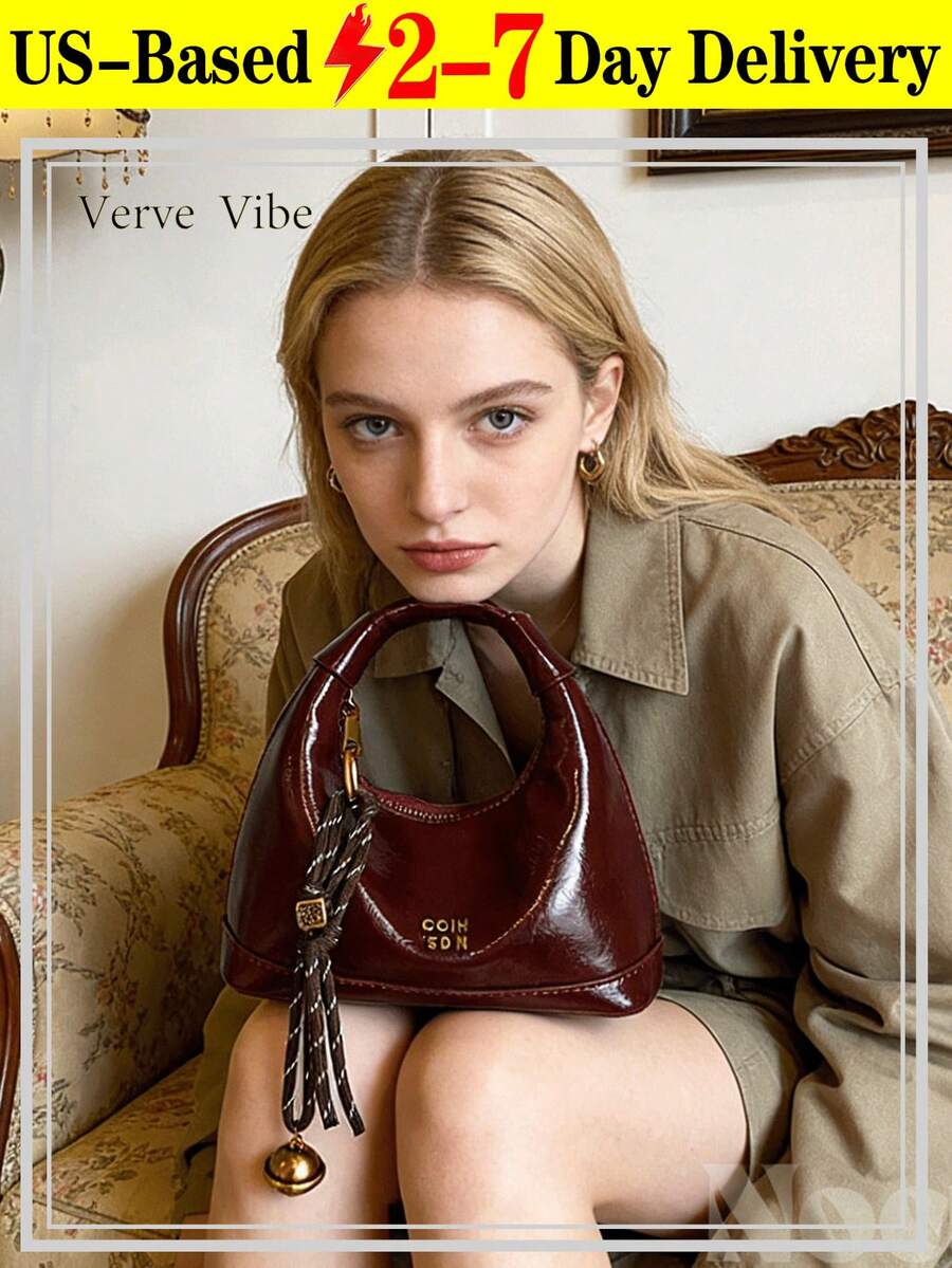 New Fashion Solid Color Clown PU Waterproof Handbag, Letter Graphic Decor, Zipper Closure, Square Tote Bag, Burgundy Handbag With Pendant Decor, Adjustable Shoulder Strap, Suitable For Shopping, Fashionable Burgundy Bag, Essential For New Year - Màu Đỏ Sâu - Xem 1