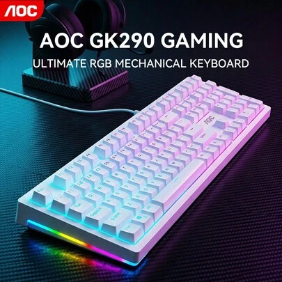  AOC 游戏机械键盘，108 键全尺寸有线键盘，RGB 灯光效果，低延迟电竞性能，符合人体工程学设计，黑白两色可选，采用耐用 ABS 材料制成。
