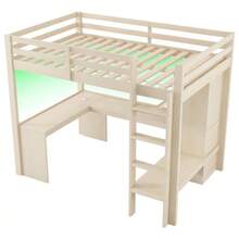 140x200 Loft Bed With Multifunctional Shelves, Under-Bed Desk, LED Lighting And USB Port, White - Apricot - View 8