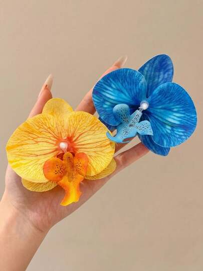 1/2个波西米亚风黄色和浅蓝色蝴蝶兰花发夹，时尚侧刘海/刘海夹，适合海滩拍照，优雅简约，纯色发爪，适合日常、休闲、派对、海滩、度假、发型设计、洗脸/洗头、化妆、服装配饰，秋冬春夏时尚发夹，情人节礼物，头部配饰，发夹，发卡