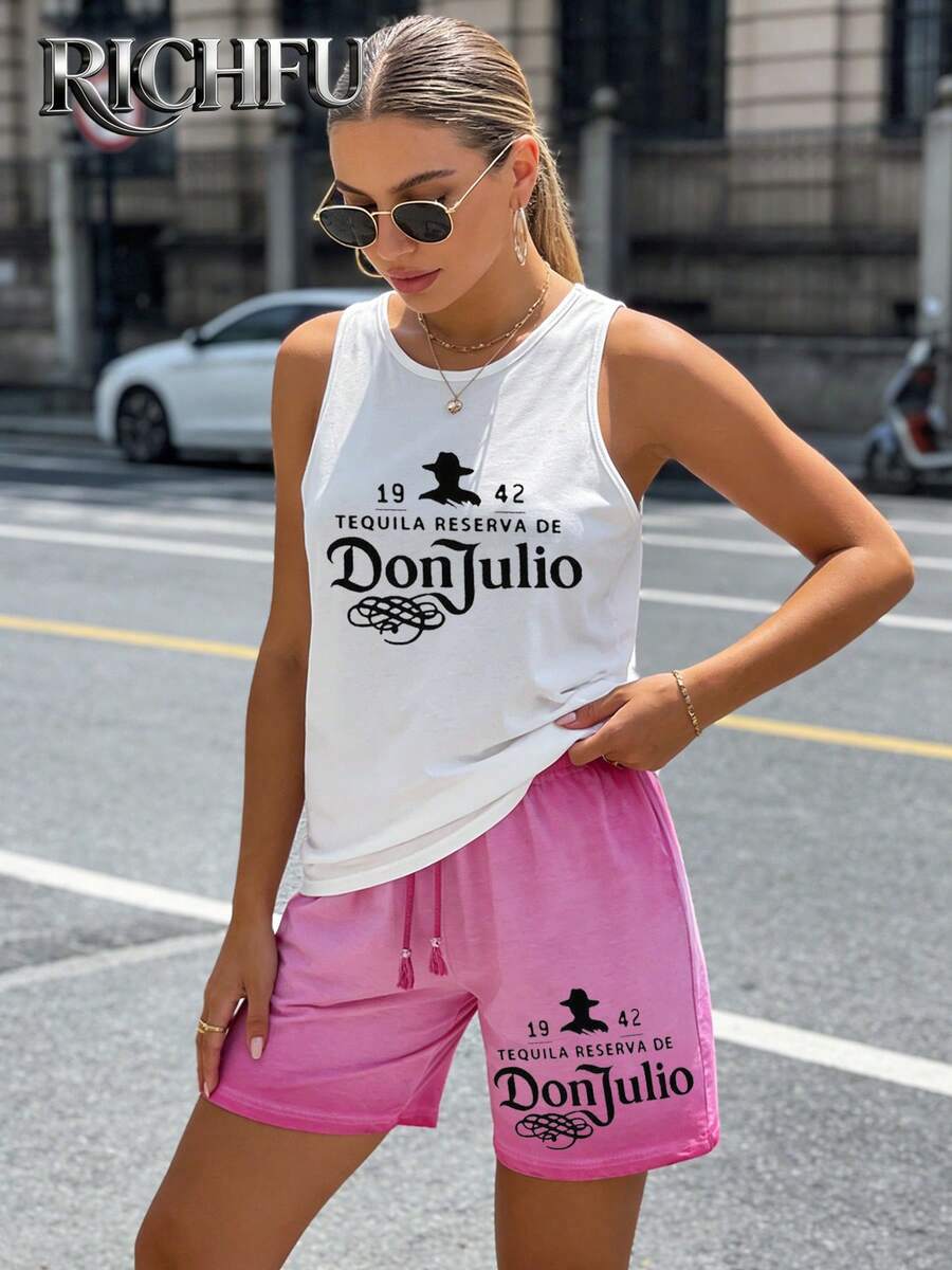 Von Dutch,Casual Two Piece Set,Women's Breathable & Comfortable Casual Set,Crew-Neck Pure Cotton Tank Top And Washed Shorts (With Pockets) - Versatile Wardrobe Essential - 白色+粉紅色 - 查看 1