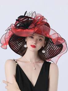 1顶女士欧根纱蝴蝶结教堂德比帽宽檐遮阳帽婚礼茶会女士优雅蕾丝帽 - A - 查看 17