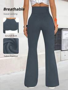 Gray High Elastic Crossover Waist Flared Pants For Women, Tummy Control 4-Way Stretch Bootcut Yoga Pants For Daily & Fitness Outfits,Women's Leggings,Gym Clothes Women,Gym Clothes Women,Summer Outfits For Women,Summer Clothes,Beachwear,Vacation Outfits Women,Vacation Essentials - 灰色 - 查看 5