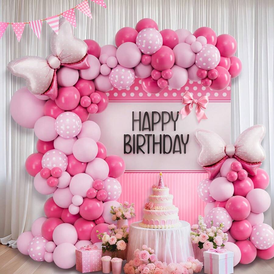 128pcs Mouse-Themed Balloon Arch Set, Includes Foil Balloons With Bows, As Well As Pink And Polka-Dot Latex Balloons. Perfect For Birthday Parties, Baby Showers, First Birthdays, Proposals, Bridal Showers, And Princess-Themed Party Decorations. - View 1