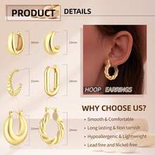 6 Pairs 14K Gold Plated Hoop Earrings Women Lightweight Chunky Hoop Earrings Multipack, Thick Open Twisted Huggie Hoops Earring Set Jewelry Gifts. - Gold - View 6