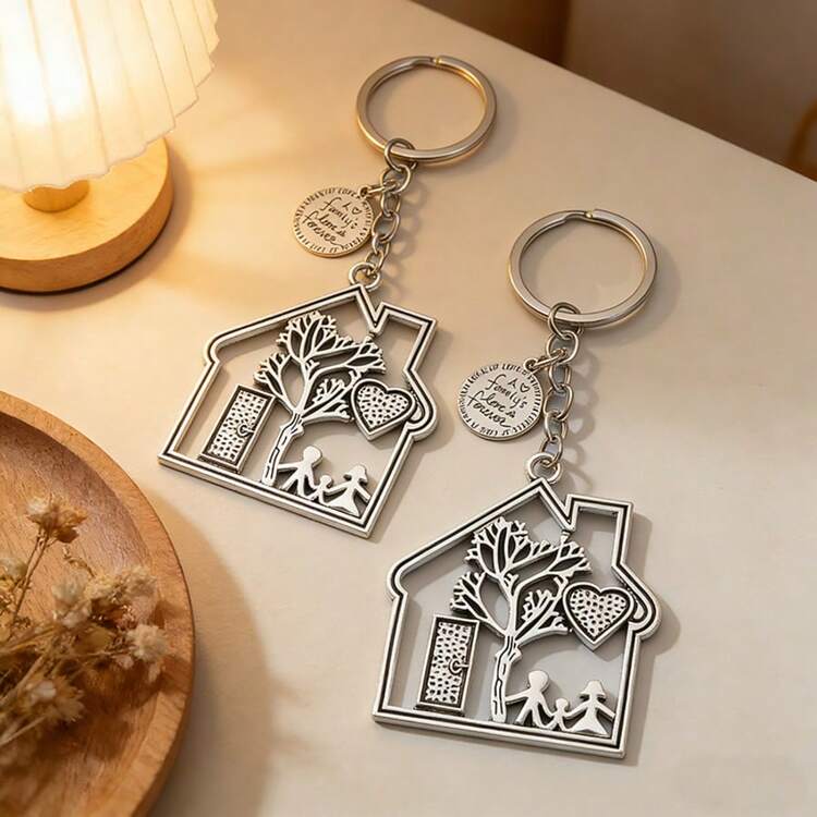 2 piezas Llavero de aleación de zinc con diseño de árbol genealógico familiar, Accesorio conmemorativo con placa redonda grabada en forma de corazón hueco de familia amorosa, Regalo para inauguración de casa, Día de la Madre - Plateado - Añade 6