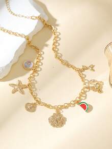 波西米亚风夏日海滩风项链 - 可爱海洋生物和水果吊坠，精致链条 - 女士和女孩度假饰品 - 彩色 - 查看 3