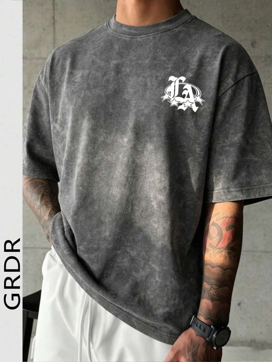 GRDR 男士印花水洗圆领短袖T恤,舒适透气,适合夏季穿着 - 深灰色 - 查看 1