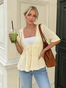 Women's Summer New Loose Hollow Lace-Up Knitted Cardigan, Minimalist Low Neck Short Sleeve Crochet Mesh Lightweight Sun Protection Top - 珊瑚橙 - 查看 9
