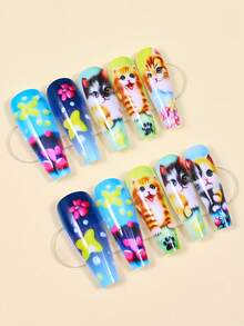 24 adorables pegatinas de uñas con diseños de animales de dibujos animados, con diseños florales y de gatitos, perfectas para mujeres. El diseño lindo de gatito es ideal para amantes de los animales y para uso diario. Fácil de aplicar y retirar. - Multicolor - Ver 2