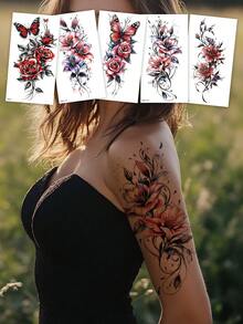 5张彩色大花朵临时纹身贴纸，时尚逼真的蝴蝶花卉设计，适合女性和女孩的身体彩绘，防水防汗，可遮盖疤痕，是节日、派对、送礼、外出活动的理想之选。 - 彩色 - 查看 8