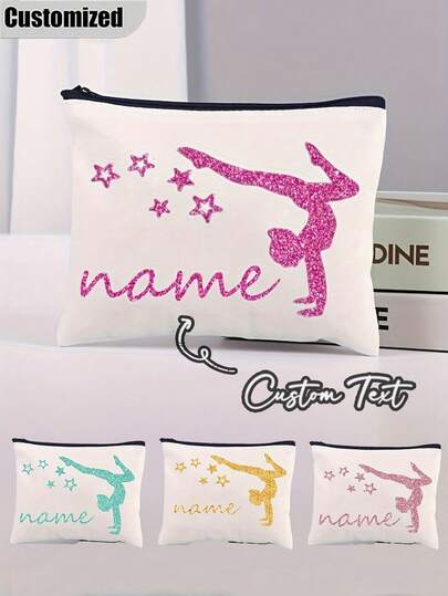 Túi đựng mỹ phẩm họa tiết thể dục dụng cụ tùy chỉnh - Tên cá nhân hóa, túi đựng mỹ phẩm nhẹ và có thể gấp gọn, chất liệu polyester bền chắc với khóa kéo màu đen, lý tưởng cho du lịch và làm quà tặng, màu trắng.