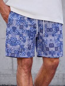 MAISONFOX 男士印花抽绳腰带短裤，男士休闲彩色印花抽绳腰带沙滩短裤，男士抽绳腰带彩色印花图案跑步短裤，适合作为送给丈夫/男友的礼物，夏威夷度假沙滩必备 - 藍色 - 查看 9