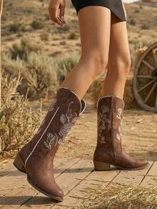 Comfyshoes Women's Embroidery Knee High Cowboy Boots, Flower Western Boots 2024 - rượu cô-nhắc - Xem 2