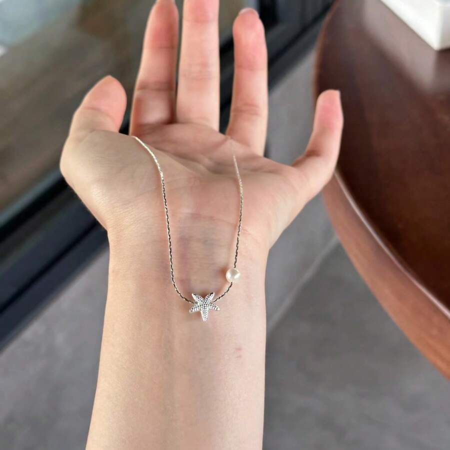 1 chiếc vòng cổ hình sao biển và ngọc trai giả mạ đồng bạc, kiểu dáng tối giản tinh tế theo phong cách đảo, thích hợp để đeo hàng ngày hoặc làm quà tặng. - Bạc - Xem 1