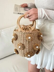 Túi xô dây rút dệt hoa 3D đính ngọc trai, túi xách mùa hè đi biển có quai tròn, túi tote dây rút tiện dụng. - Màu Khaki - Xem 3