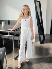 Purechapter Girls' Fashionable Ruched Floral Strap Jumpsuit With Cinched Waist And Flared Legs, Casual Everyday Wear, Stylish - White - View 8