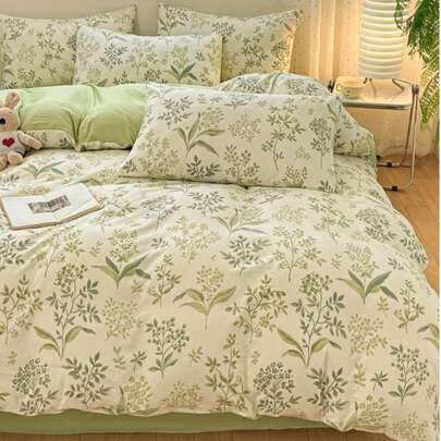 4件套，清新树叶图案被套套装，可机洗，柔软舒适的双层纱质纤维床品，营造温馨卧室氛围，适合出租房装修（1个被套+1个床单+2个枕套，枕套图案随机裁剪）
