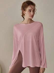 Never me Women's Loose Fit Yoga Tops, Long Sleeve Workout T-Shirt For Running, Pilates, Fitness, Autumn/Winter Spring - Dusty Pink - View 3