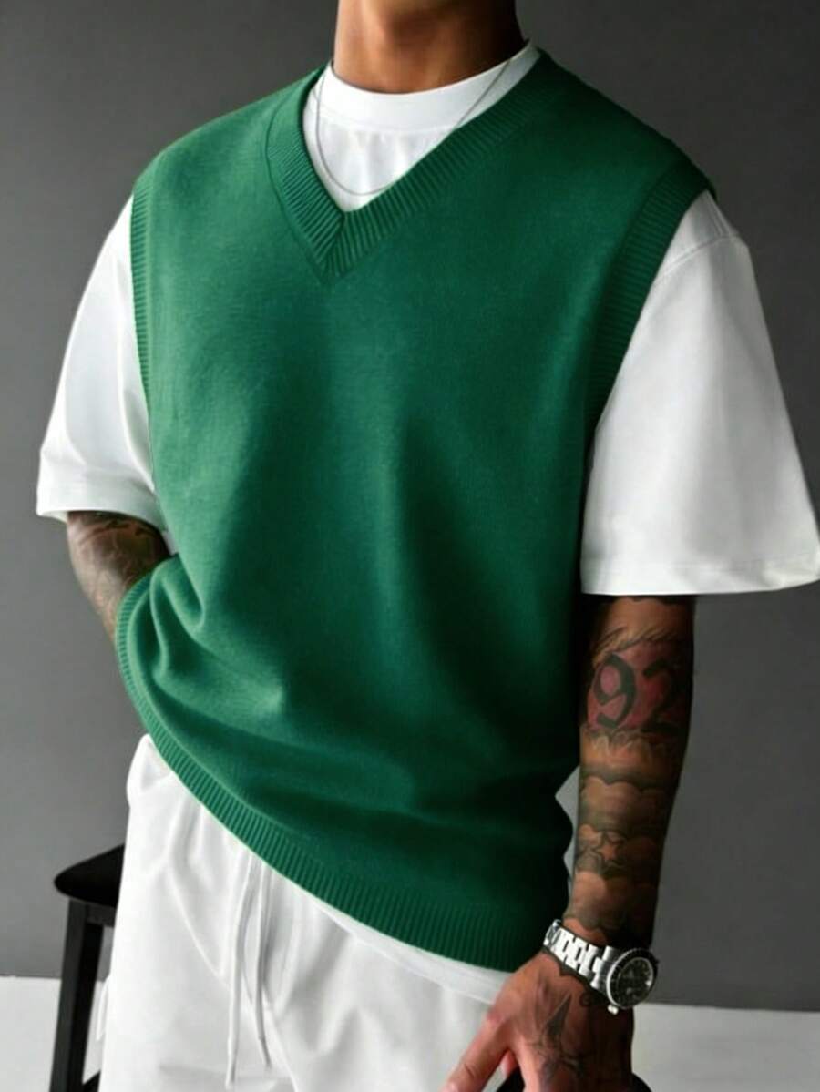 Chaleco de punto casual y versátil de unicolor para hombres - Verde - Ver 1