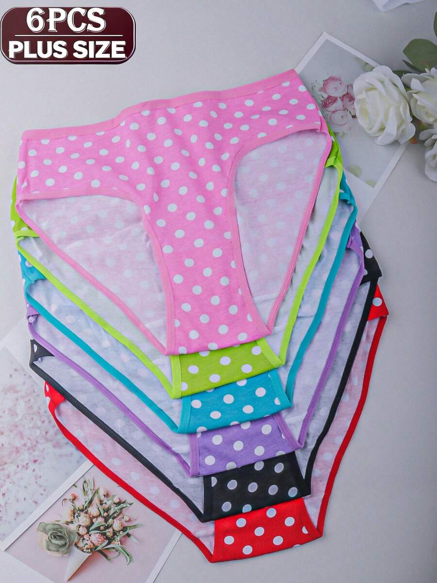 6-Pack Plus Size Women's Underwear, All-Over Polka Dot Print, Assorted Colors, Soft Comfortable For All-Day Wear, Spring & Summer - Multicolor - View 1