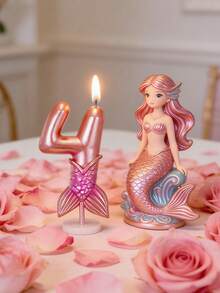 Rose Gold Mermaid Tail Themed Cake Candles With Numbers 0-9, Pearl & Shell Decor For Princess Birthday Party - View 2