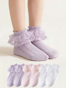 6 Pairs Cotton Solid Color Children Lace Ruffle Dance Princess Fashion Versatile Party Socks - Multicolor - View 10