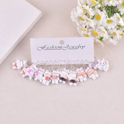 6对卡通拟人化小猫可爱猫咪耳环，女士饰品