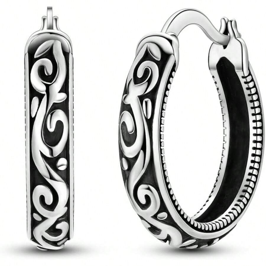 Hapour Vintage Filigree 925 Sterling Silver Oval Small Hoop Earrings For Women Fashion Flower Dainty Huggie Hoops Hypoallergenic  Jewelry Birthday Gift For Her - Black - View 1