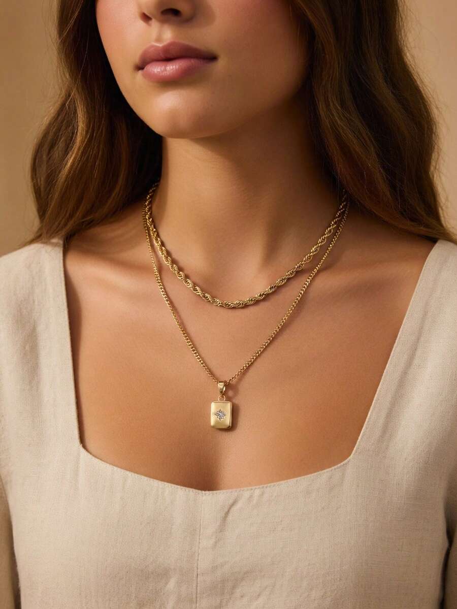 2pcs Twisted Double-Layer Rectangular Copper Micro-Inlaid Zirconia Pendant Necklaces - Yellow Gold - View 1