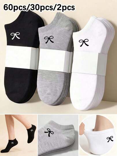 60pcs/30pcs/2pcs Women Solid Color Bowknot Boat Socks, Invisible Socks, Soft Comfortable Fashion Breathable Versatile, Suitable For Daily Wear, College Style, All Seasons