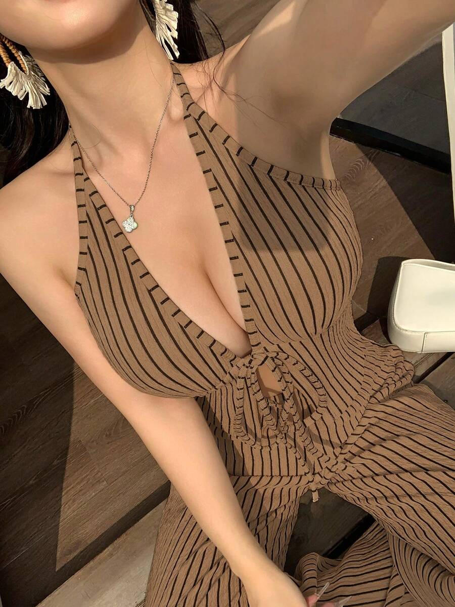 abyoxi 女款棕色與黑色條紋深V領背心上衣與高腰寬腿褲2件套,休閒通勤、復古性感、日常出遊、約會、情人節、海灘、度假,短上衣與長褲夏季穿搭 - 棕色 - 查看 1