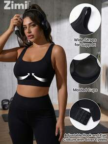 Zimi Collection Plus Size High Support Sports Bra, Black With Molded Cups, Adjustable U-Back, Suitable For Outdoor, Running, Training - Black - View 5