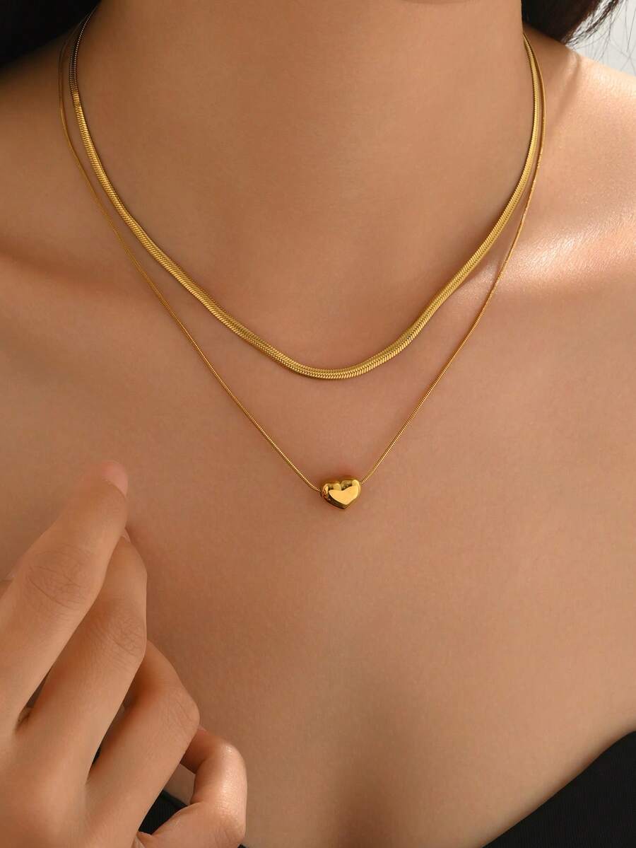 2件套春夏度假风多层蛇骨链心形吊坠项链，时尚优雅的女士饰品，适合作为女友/母亲节/生日礼物 - 金黃色 - 查看 1
