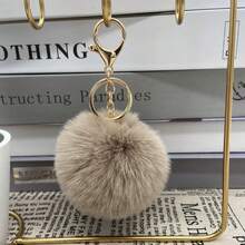 1pc Rabbit Fur Pom Pom Keychain, Cute Fluffy Pom Pom Keyring, Creative Furry Bell Pendant For Handbag, Unisex Daily Wear, Party, Celebration, Valentine's Day, Carnival - Khaki - View 3