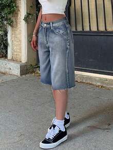 Y2K Retro Slant Pocket Fringe Hem Wide Leg Denim Bermuda Shorts, Casual Shorts Summer - Retro Blue - View 9