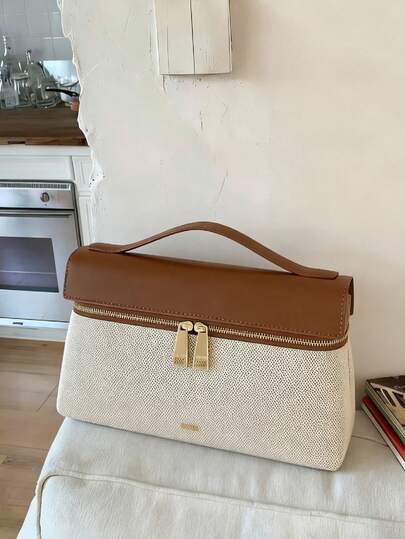 新款时尚百搭纯色PU拼接手提包，拉链封口设计，字母图案装饰，优雅女士钱包，手提包/盒包，商务通勤包，旅行度假必备，适合旅行、购物、通勤、度假，女士礼物