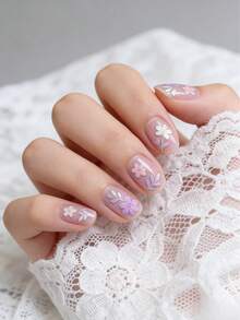 Summer Floral Embossed Nail Stickers, Delicate Chinese Style Embroidered Flower Petal DIY Nail Art Decals - Pink - View 3
