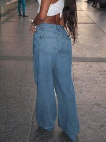 Quần jeans nữ ống đứng, kiểu dáng cổ điển với cúc cài phía trước và túi xẻ, quần denim thoải mái, đa năng. - Rửa trung bình - Xem 2