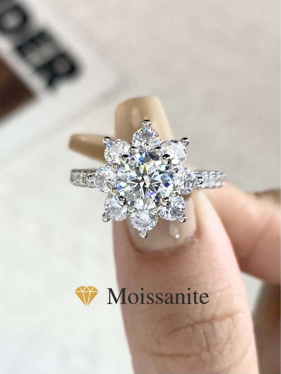 1 chiếc nhẫn bạc S925 đính đá Moissanite hình hoa hướng dương, 1-2 carat, thanh lịch và sang trọng, thích hợp làm quà tặng đính hôn, cưới, sinh nhật bạn thân, kỷ niệm hoặc trang sức cô dâu. - Bạc - Xem 1