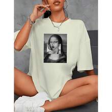 Monalisa Print Drop-Shoulder Plus Size T-Shirt - Beige - View 2